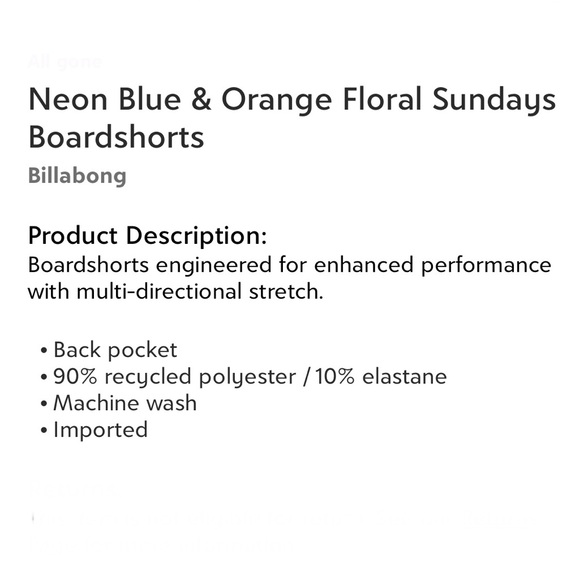 Billabong Neon Blue & Orange Floral Sundays Boardshorts Men’s Size XL (Recycled) - Picture 5 of 5